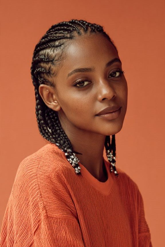 9. Cornrowed Side-Swept Bob with Silver Beads