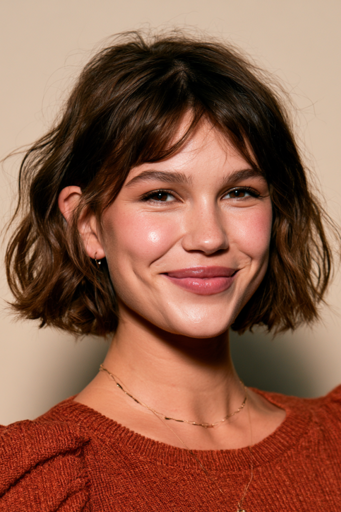 9. Dark Brown French Bob with Curtain Bangs