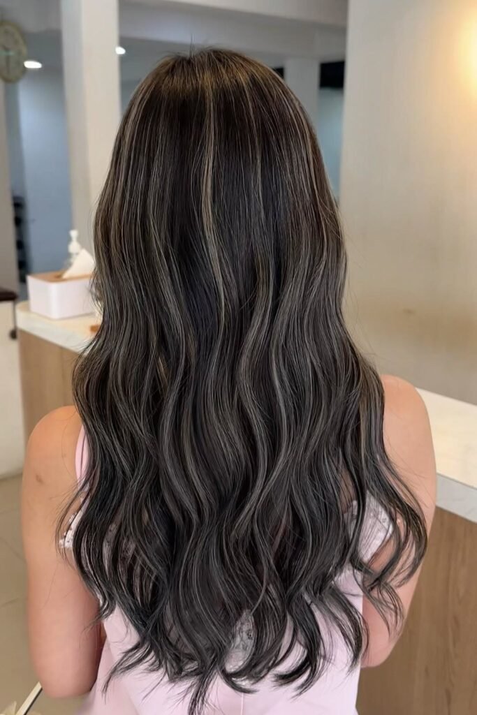9. Dark Brown Hair with Fine Ash Tone-on-Tone Balayage Babylights and Soft Waves