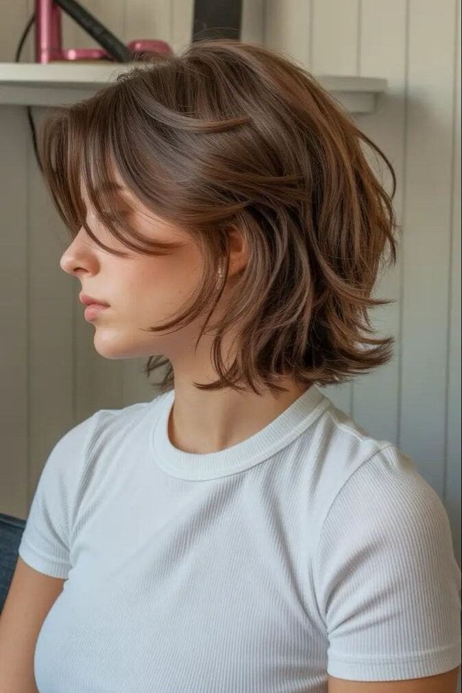 9. Feathered Layered French Bob with Flowing Curtain Bangs