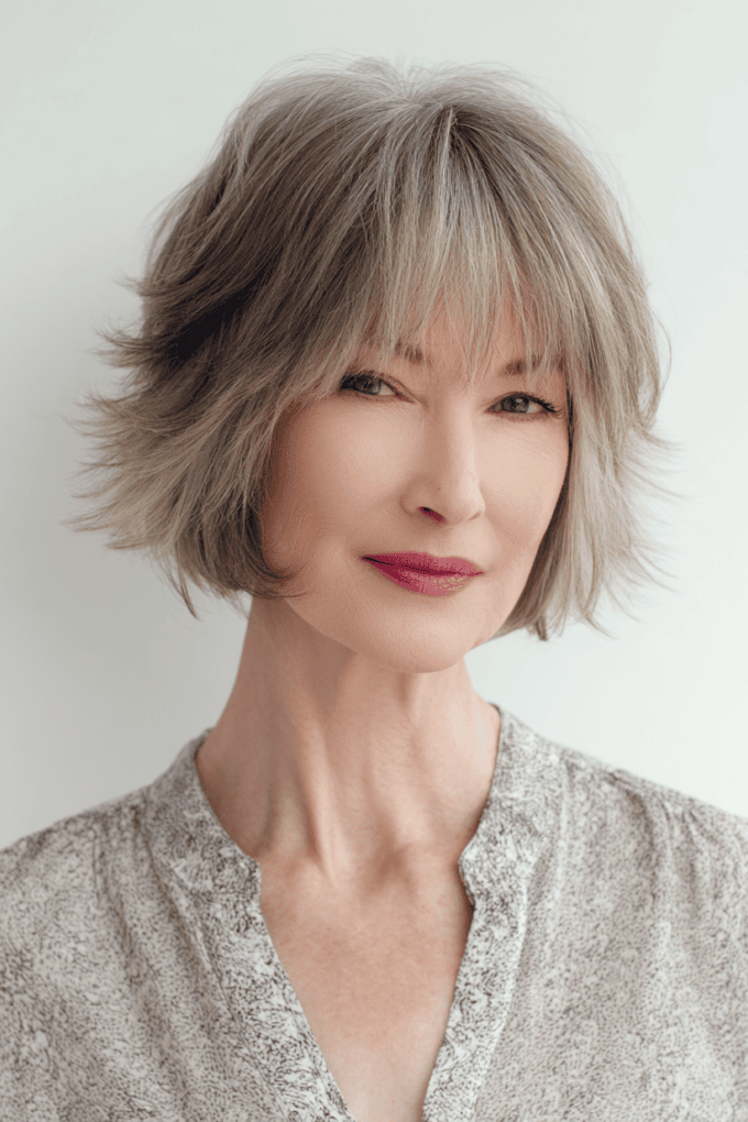 9. Feathered Silver Bob with Wispy Bangs