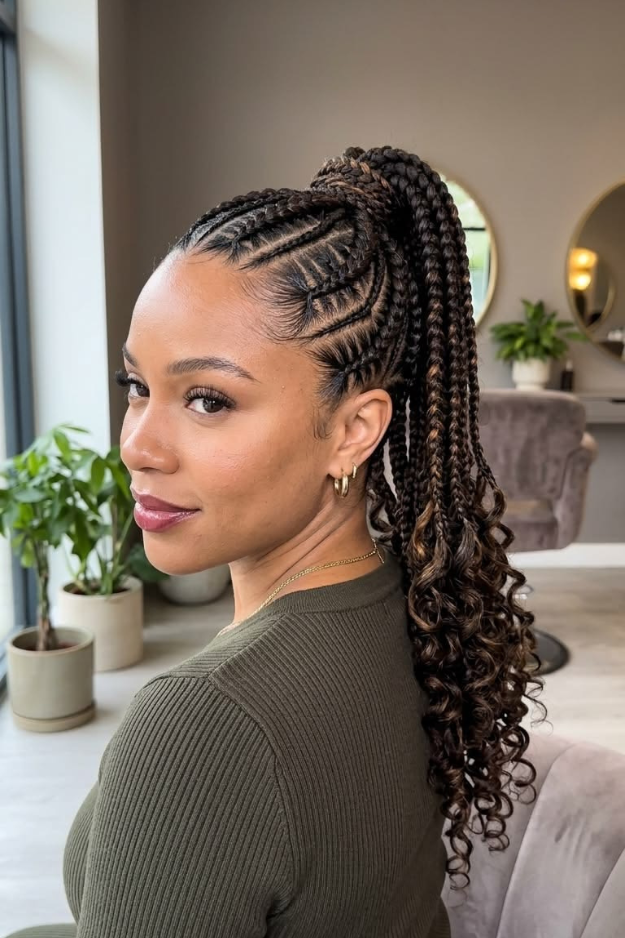 9. High Braided Ponytail with Stitch Cornrows and Curls