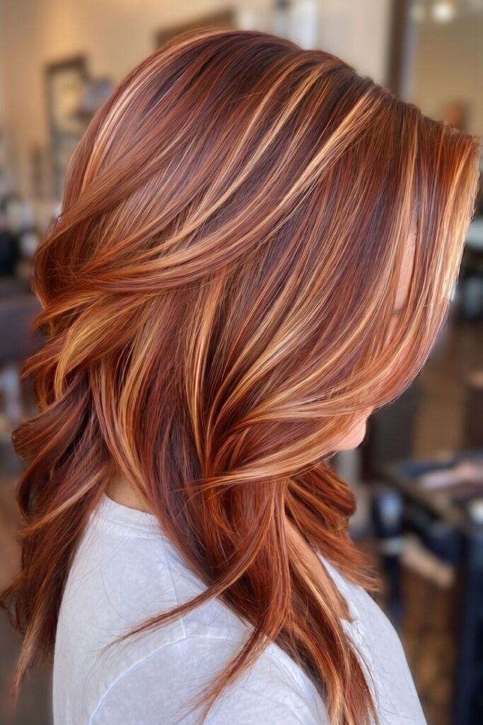 9. High-Contrast Copper and Blonde Streak Highlights on Dynamic Layers