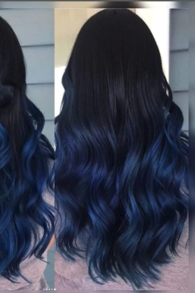 9. (Long Wavy Dark Brunette Hair with Icy Blue Balayage Ends)