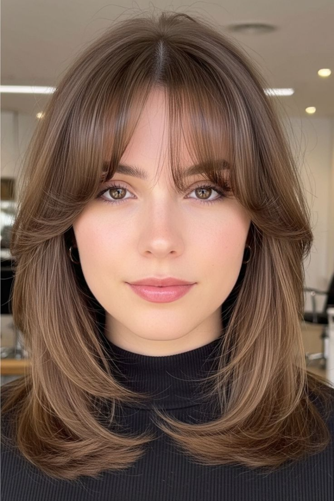 9. Medium Layered Cut with Center-Parted Wispy Curtain Bangs