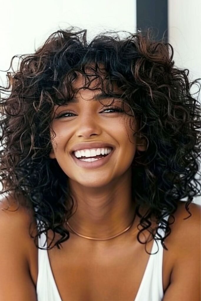9. Naturally Curly Dark Brown Shag with Curly Bangs