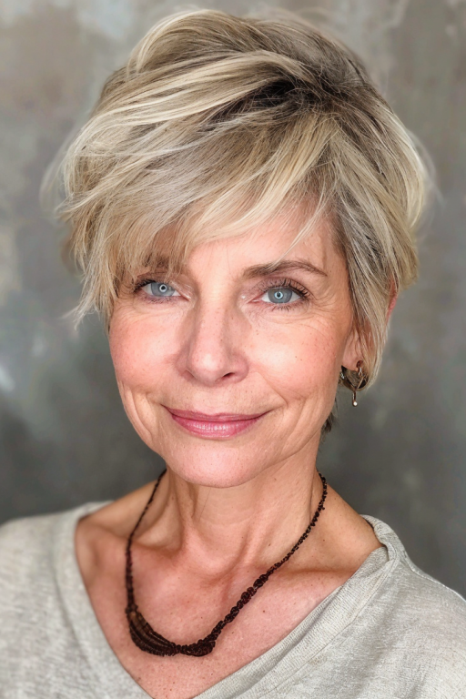 9. Sleek Blonde Pixie Cut with Side-Swept Fringe