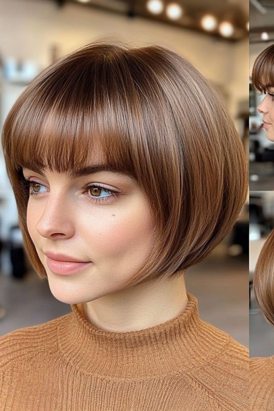 9. Smooth Chestnut Inverted Bob with Rounded Blunt Bangs