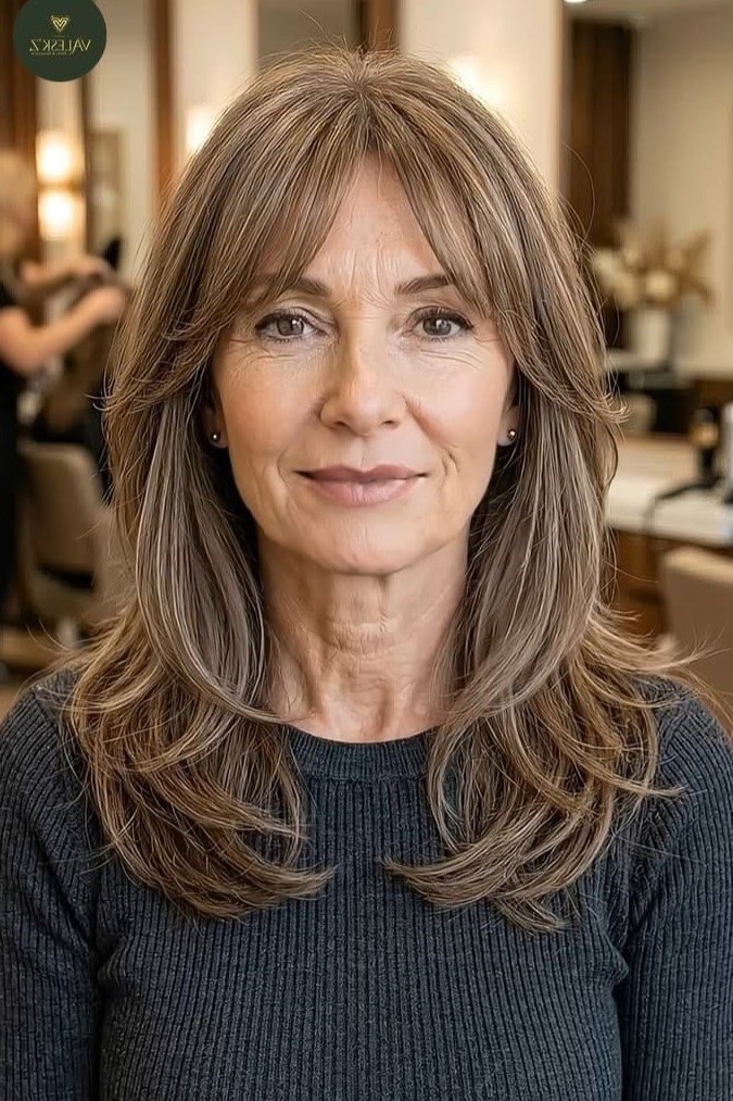 9. Smooth Layered Bronde Cut with Curtain Bangs and Flicked Ends
