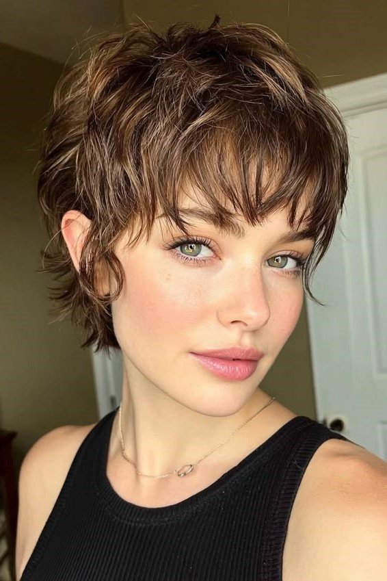 9. Soft Brunette Pixie-Shag with Piecey Fringe
