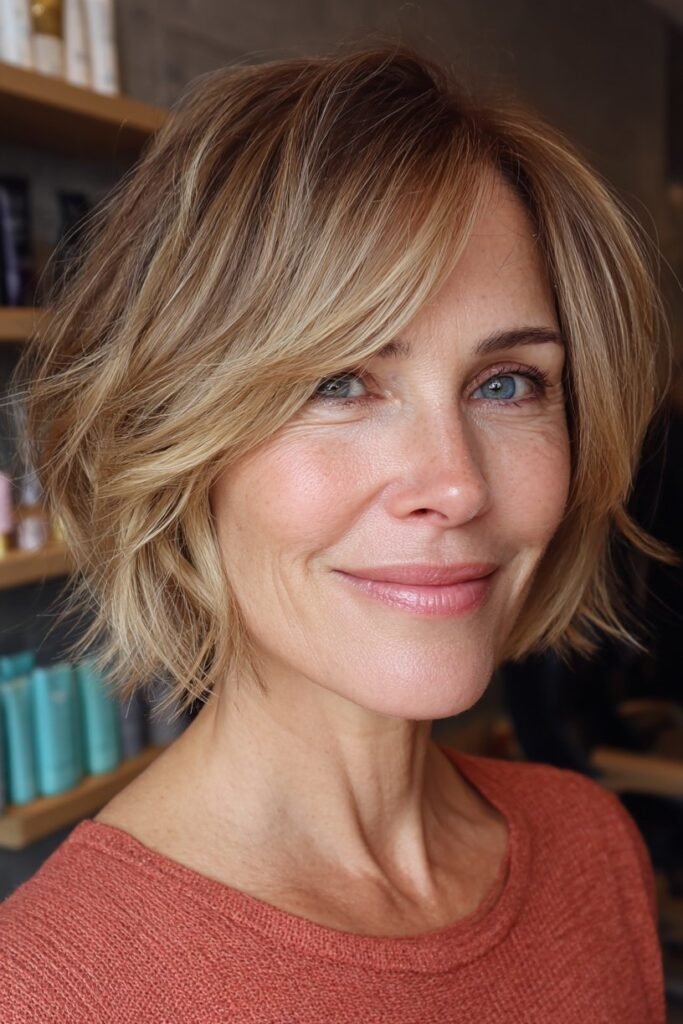 9. Soft Feathered Layered Bob with Side-Swept Curtain Bangs