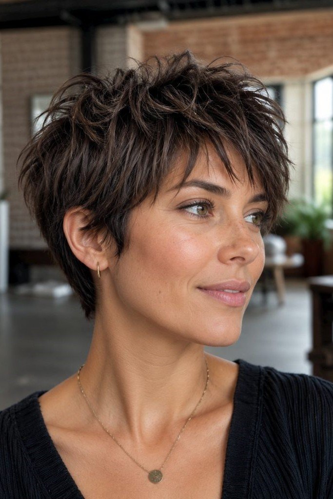 9. Spiky Layered Dark Brown Pixie with Piecey Fringe