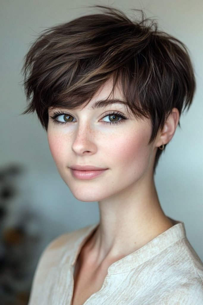 9. Textured Dark Brown Pixie Cut with Soft Highlights