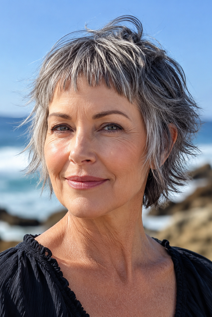 9. Textured Silver Micro-Shag with Micro Bangs and Flicked Ends