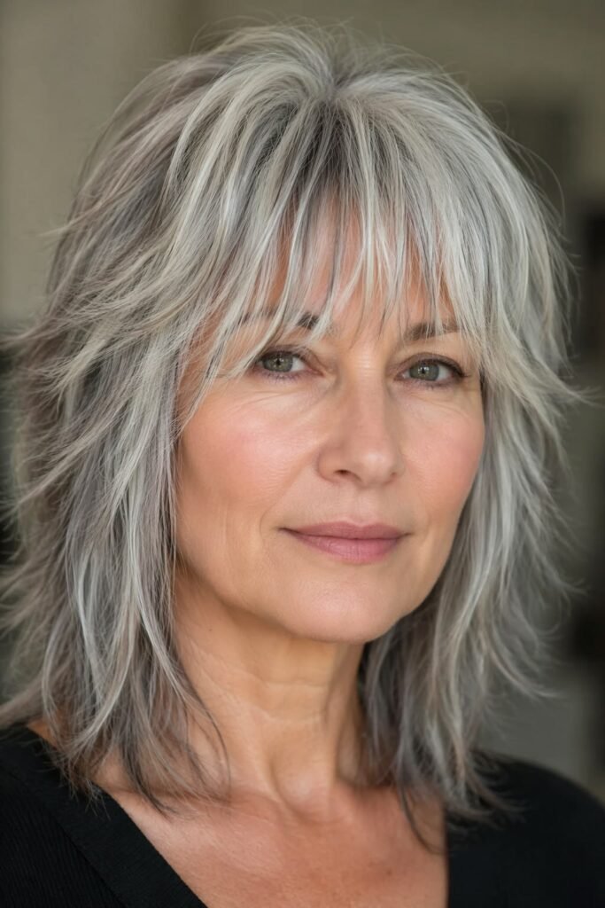 9. Textured Silver Shag Cut with Full Bangs