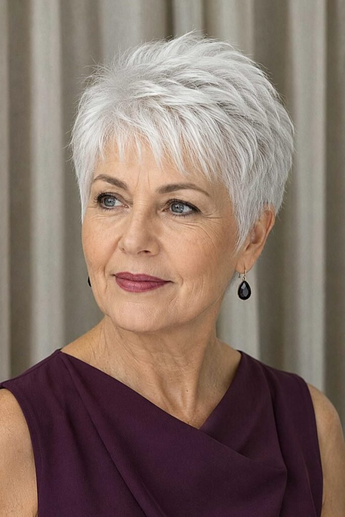 9. Textured Silver-White Pixie with Piecey Crown Layers