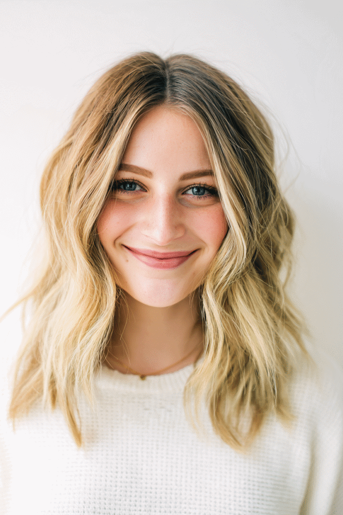 9. Tousled Beachy Bright Blonde Lob with Face-Framing Strands