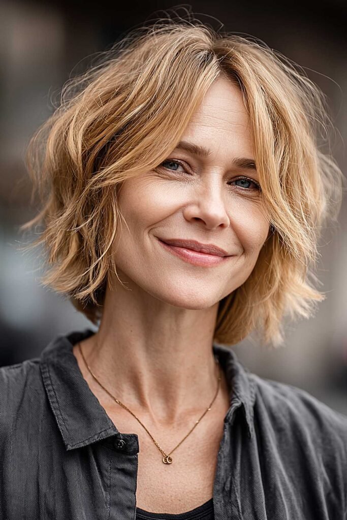 9. Tousled Golden Blonde Shaggy Bob with Curtain Bangs