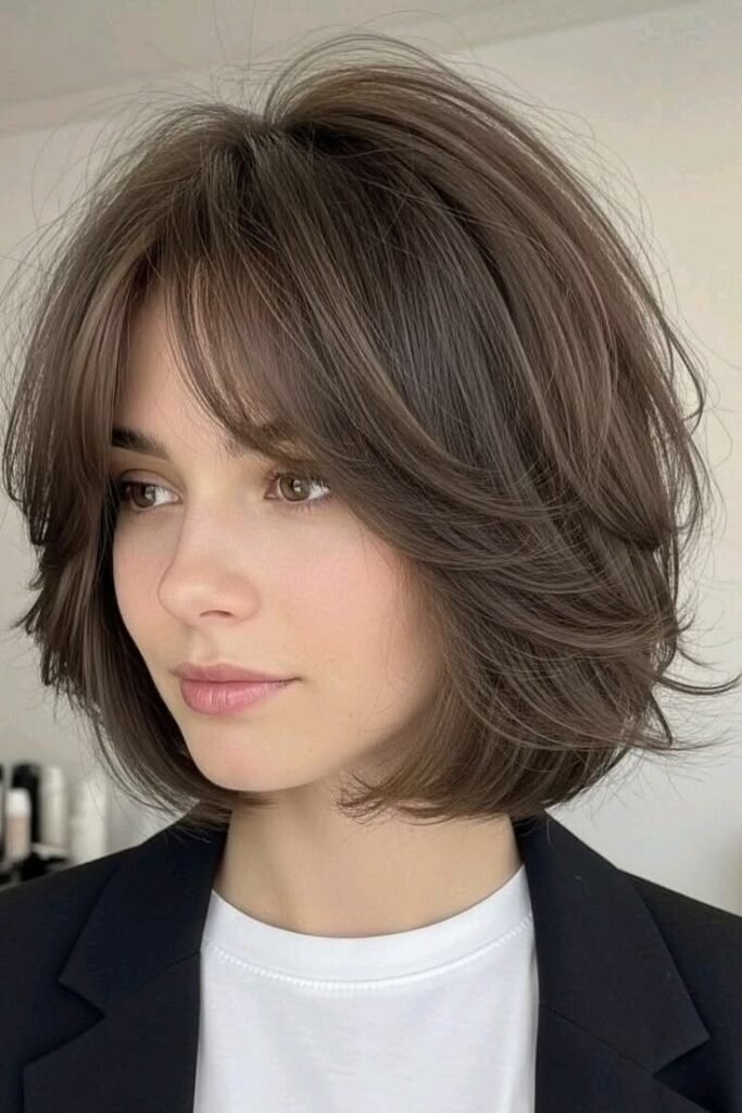 9. Voluminous Layered Bob with Feathery Face-Framing Curtain Bangs