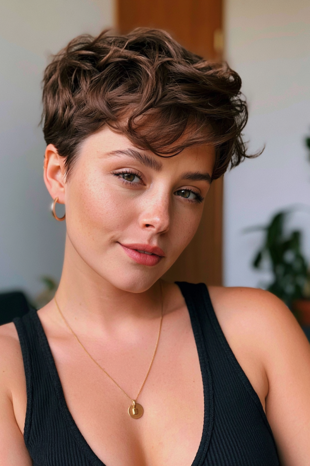 9. Wavy Brunette Pixie with Layered Volume