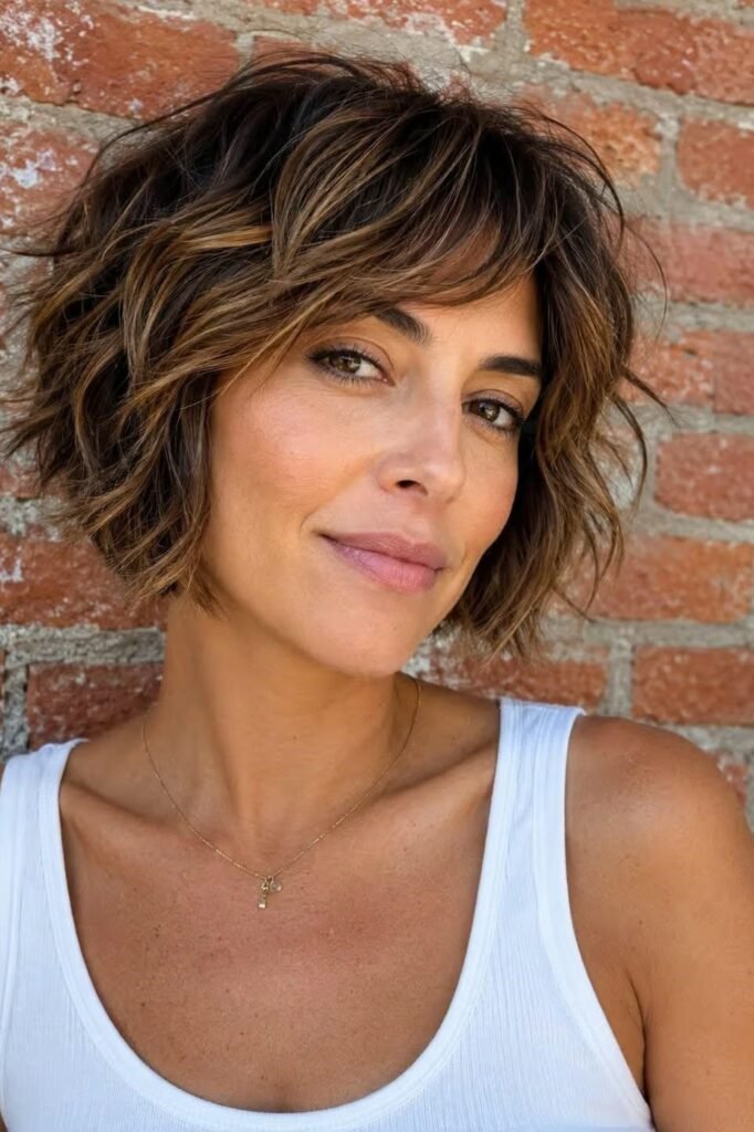 9. Wavy Warm Brown Shag Bob with Highlighted Layers