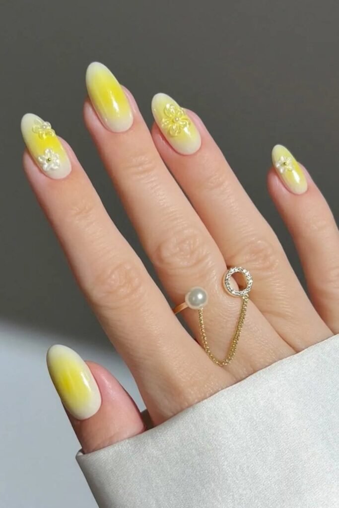 1. Butter Yellow with Daisy Accent Nails