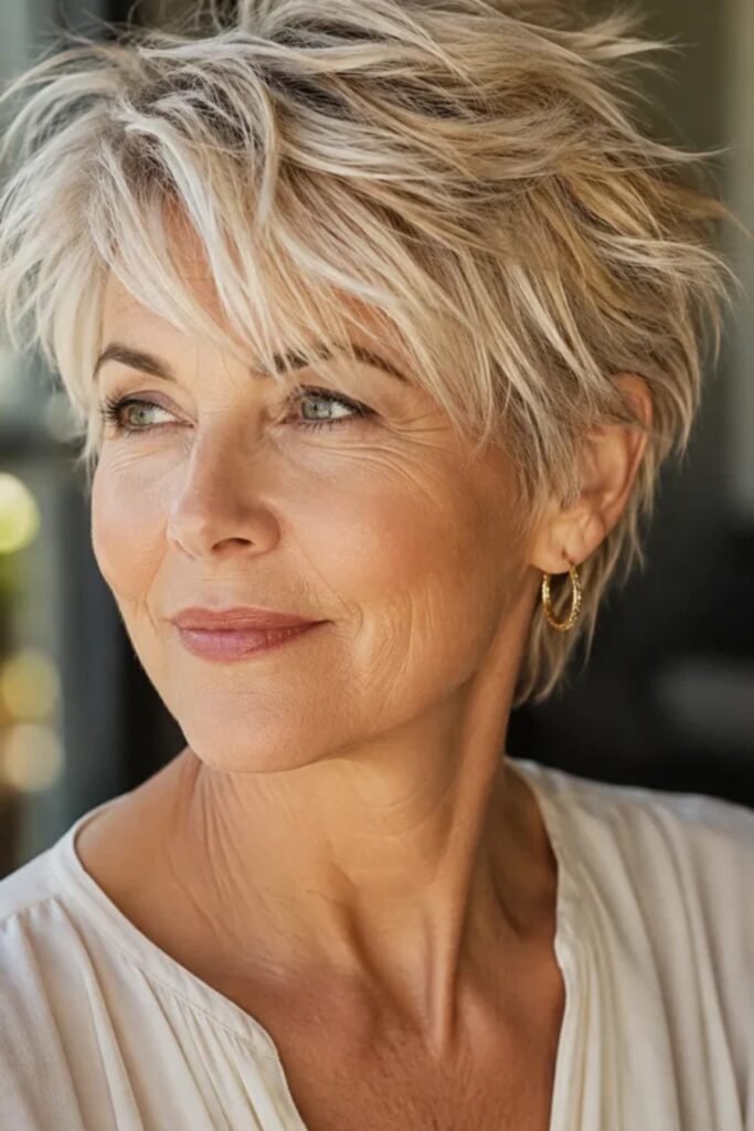 1. (Blonde Textured Pixie with Long Side Fringe)