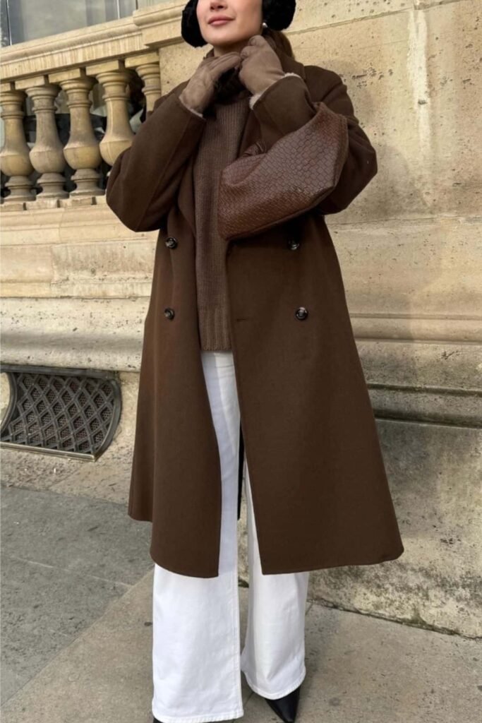 1. Camel Wrap Coat with White Wide-Leg Trousers