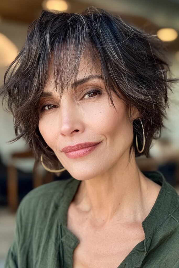 1. Dark Layered Choppy Bob with Fine Grey Highlights