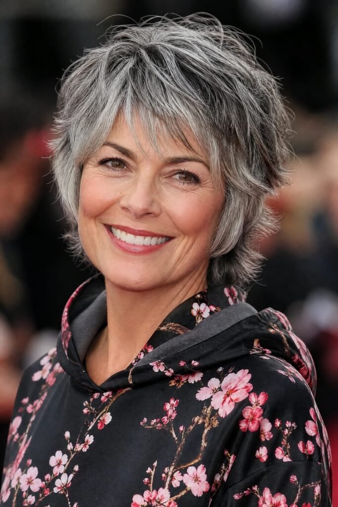 1. Feathered Silver Shag Bob with Side-Swept Bangs