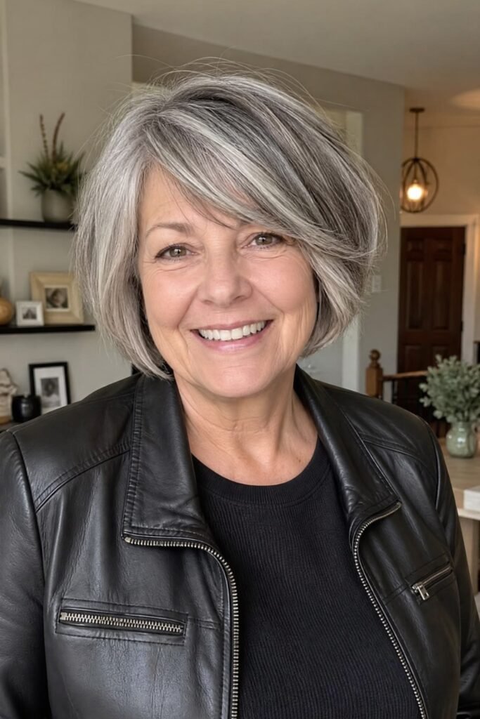 1. Short Salt-and-Pepper Bob with Side-Swept Bangs
