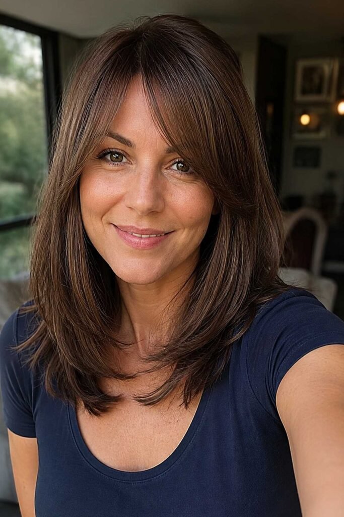 1. Soft Layered Medium Bob with Curtain Bangs