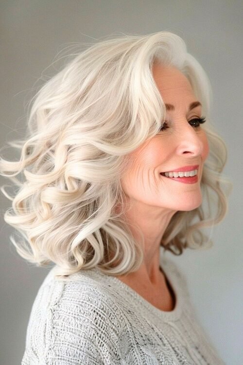 1. Soft Voluminous Silver Waves with Deep Side Part