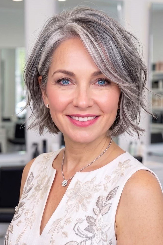 1. Wavy Side-Swept Silver Bob with Highlights