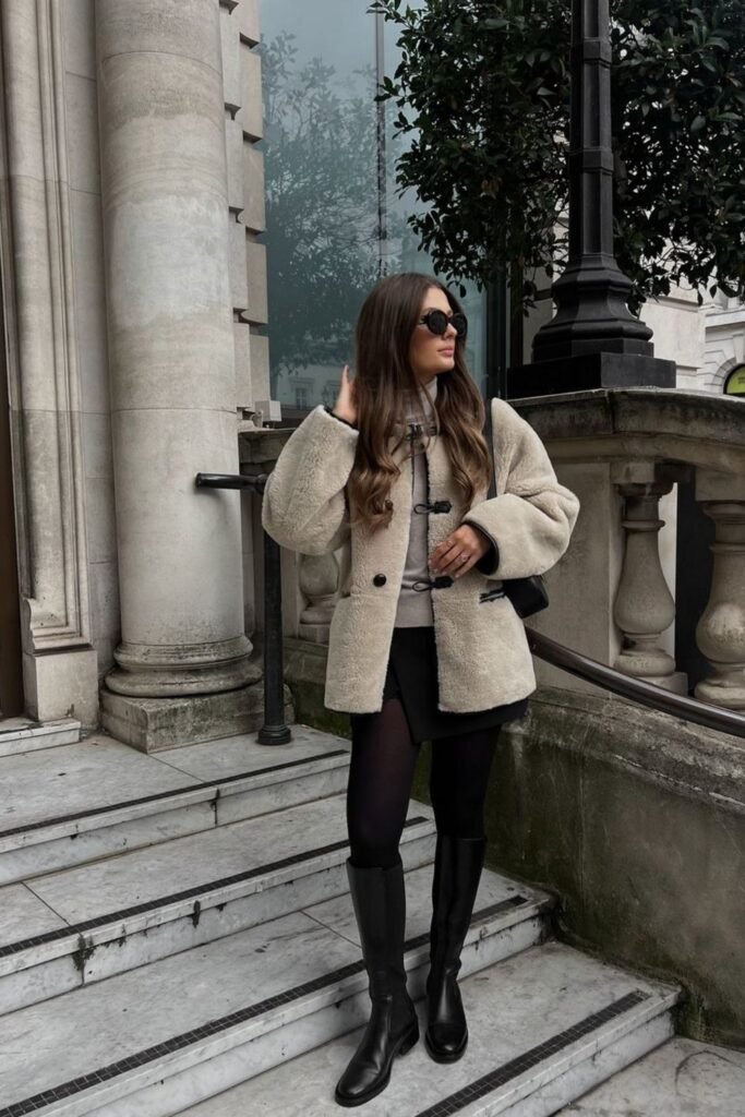 10. Brown Wool Coat with Leggings and Tall Boots