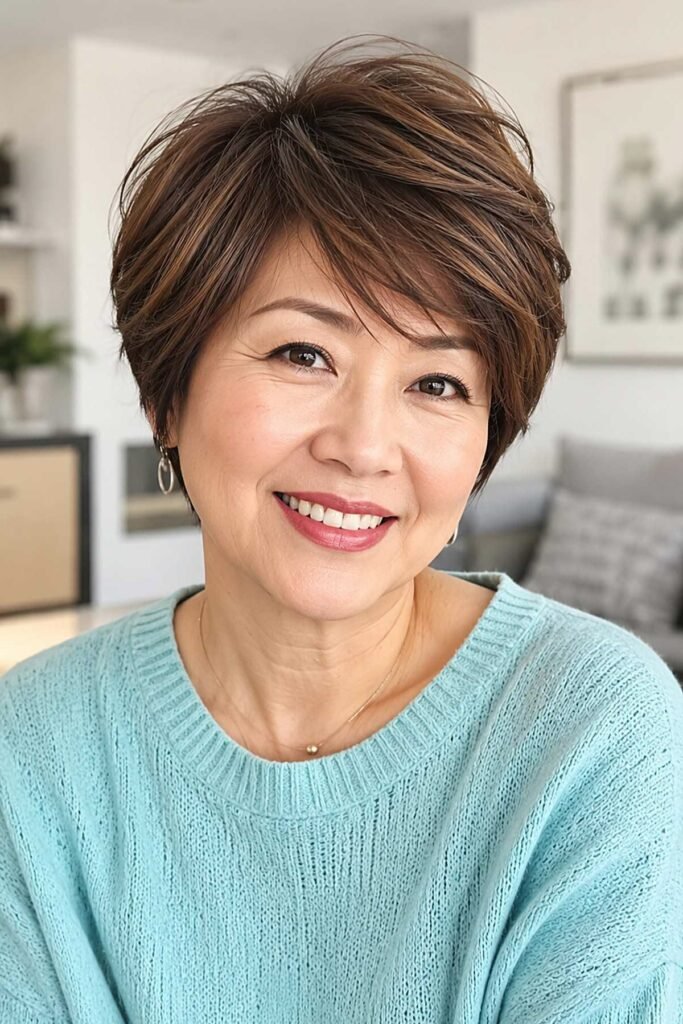 10. Layered Brunette Pixie Bob with Side Fringe