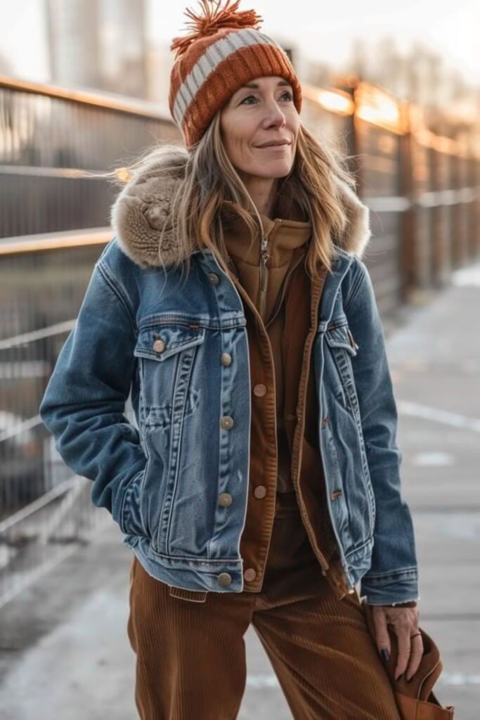 10. Layered Denim Jacket with Rust Corduroy