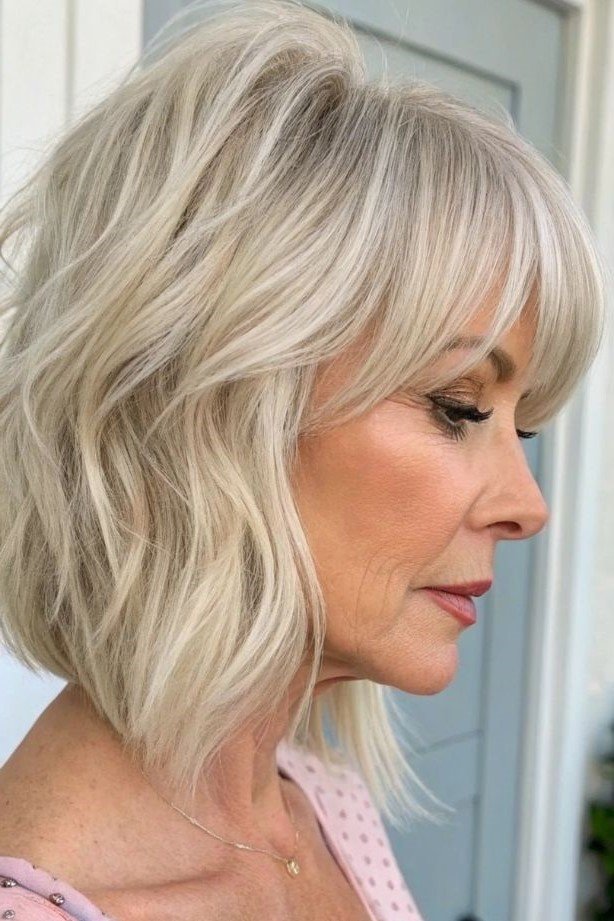 10. Platinum Blonde Wavy Choppy Bob with Curtain Bangs