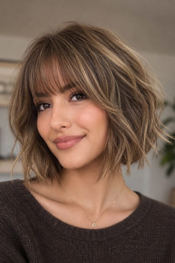 10. Tousled Brunette Bob with Short Wispy Bangs