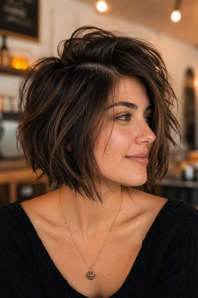 10. Voluminous Deep Brunette Textured Bob with Side Part