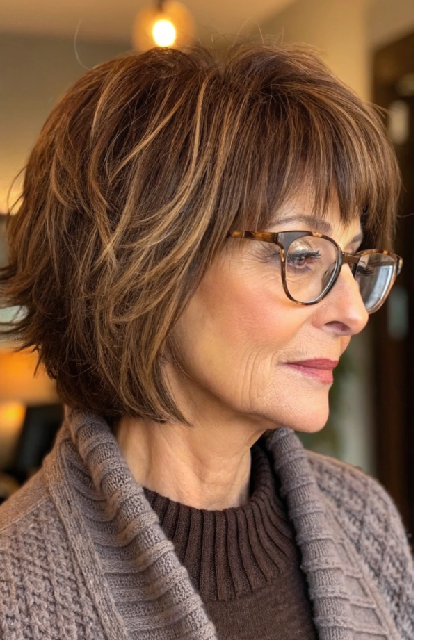 10. Warm Chestnut Shaggy Bob with Full Bangs