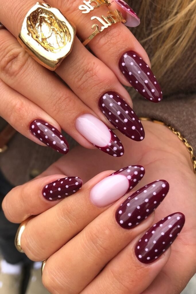 11. Chocolate Brown Nails with Pink Dots