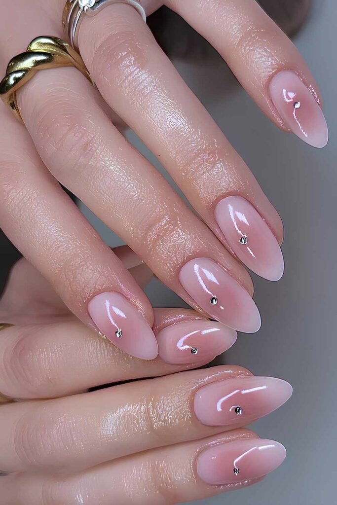 11. Soft Pink Blush Aura Nails with Silver Gems