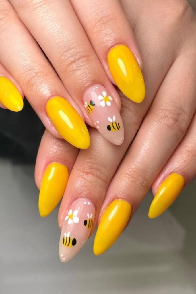 11. Bumblebee Nails with Daisies
