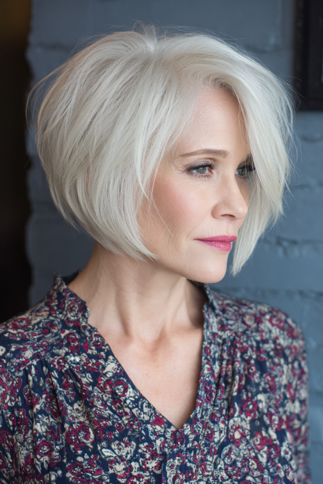 11. Asymmetrical Platinum Bob with Side Part