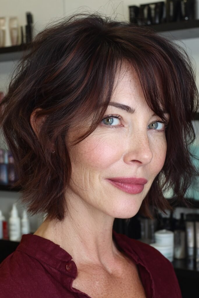 11. Deep Auburn Wavy Choppy Bob with Side Bangs