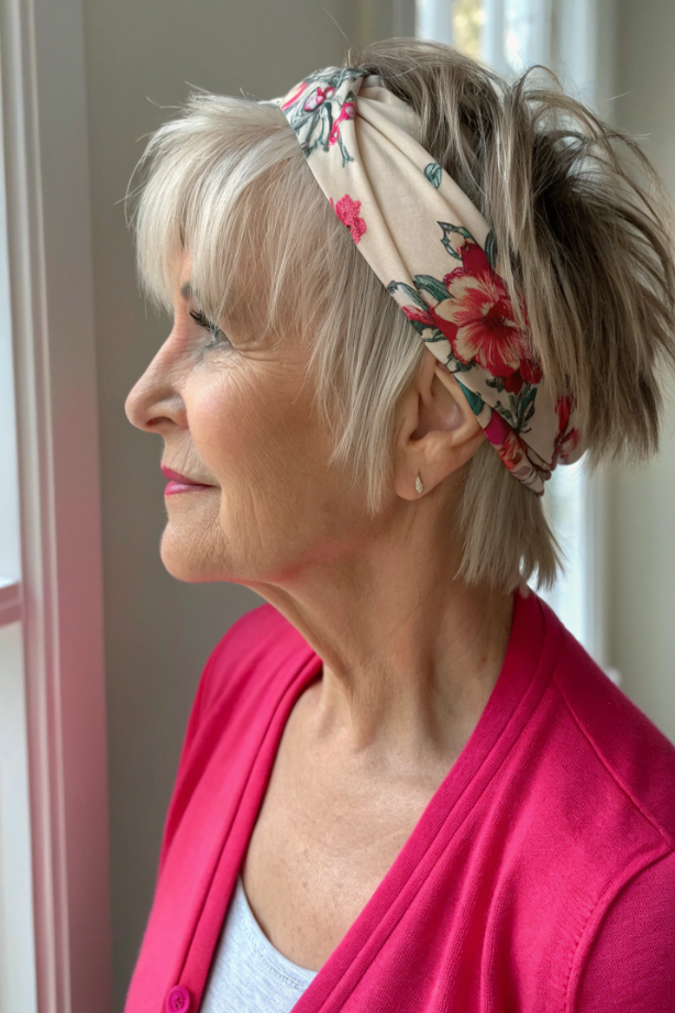 11. Short Platinum Shag with Floral Headband Accent