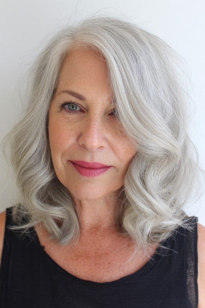 11. Silver Side-Parted Soft Wavy Lob