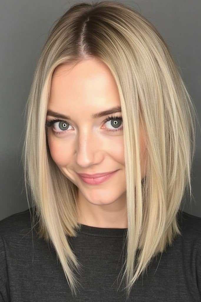 11. Straight Light Blonde Lob with Shadow Roots and Middle Part