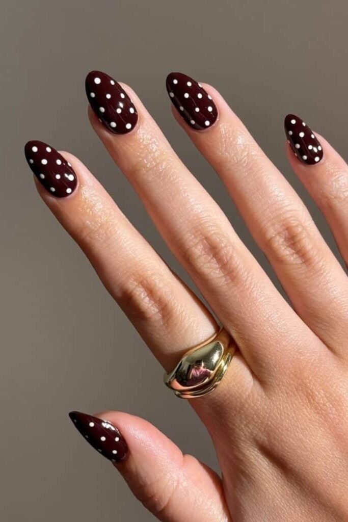 12. Espresso Nails with White Dots